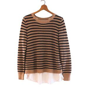LOFT tan and black striped split back shirt sweater pullover mix media Size M